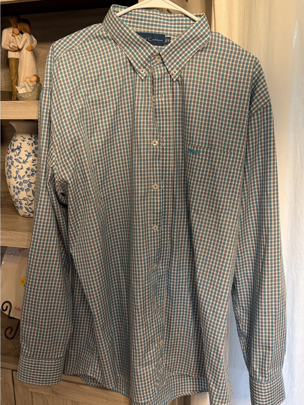 Cotton Blend Men's Button-Down Shirt in Blue & Green Check